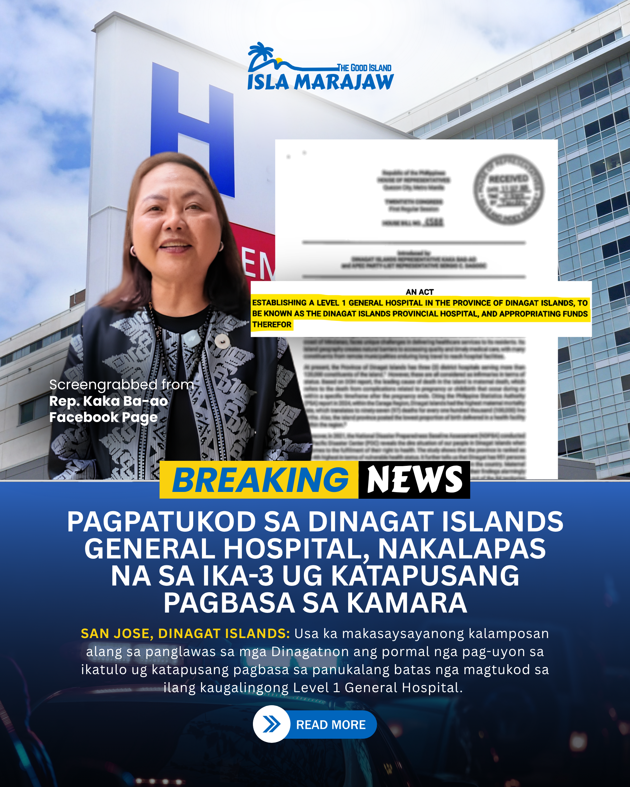 Panukalang pagpatukod sa Dinagat Islands General Hospital, nakalapas na sa ika-3 ug katapusang pagbasa sa Kamara